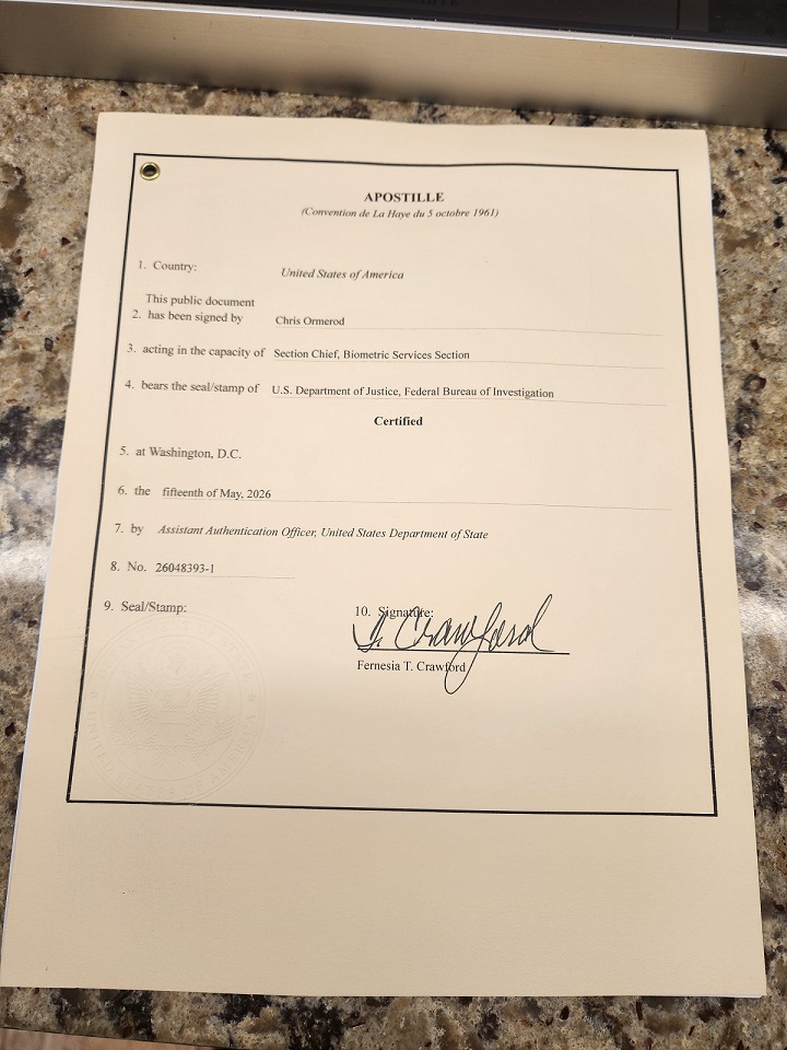 Completed federal apostille issued in Washington DC